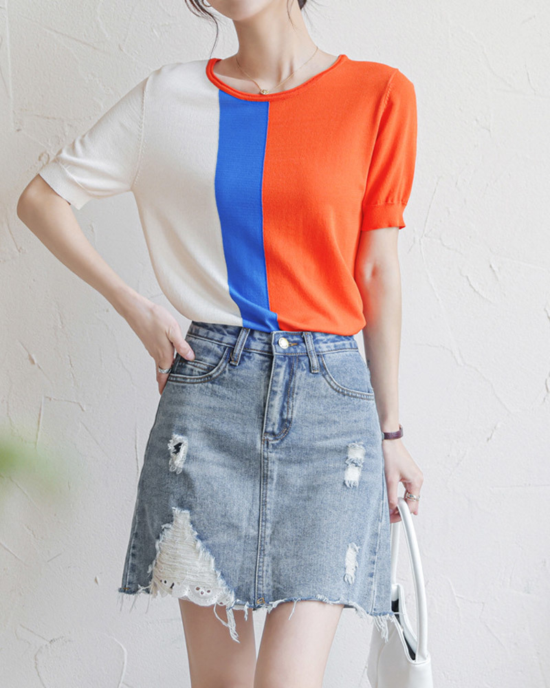 DEER.W 拼色羅紋收腰涼感針織上衣 橘紅