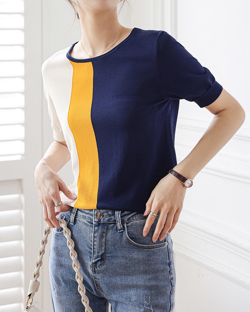 DEER.W 拼色羅紋收腰涼感針織上衣 藏青