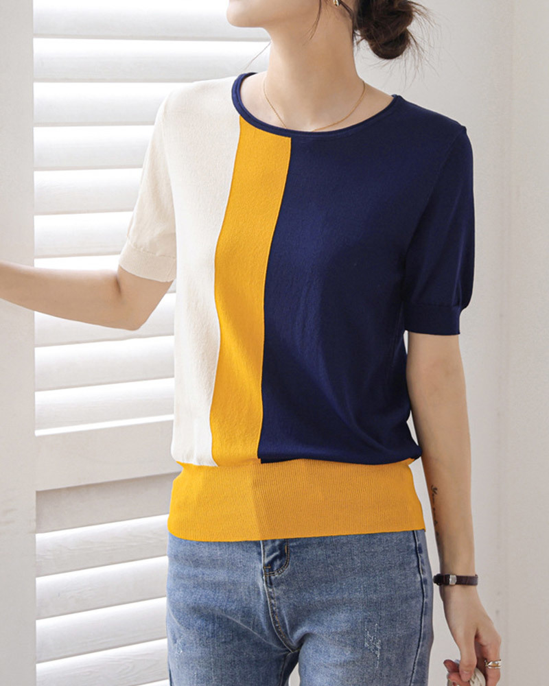 DEER.W 拼色羅紋收腰涼感針織上衣 藏青