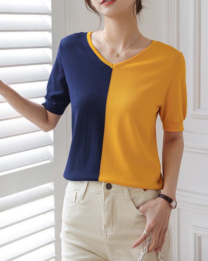 橘/杏L【零碼出清不退換】V領撞色冰絲針織上衣