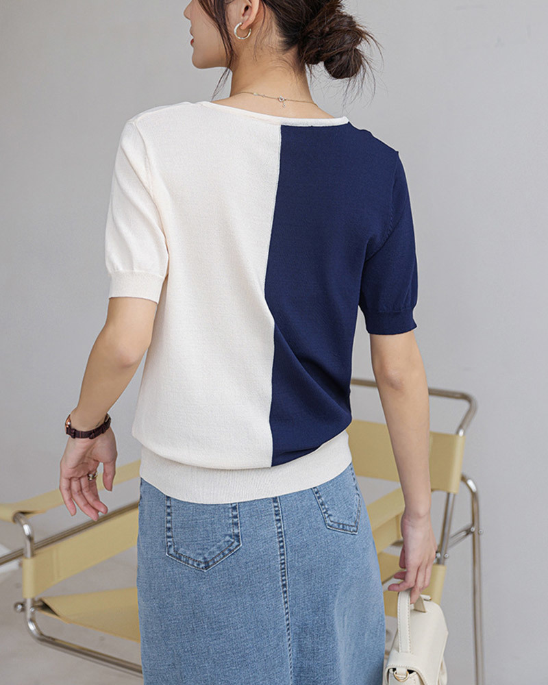 DEER.W V領撞色冰絲針織上衣 藍杏