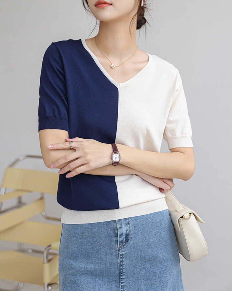 DEER.W V領撞色冰絲針織上衣 藍杏