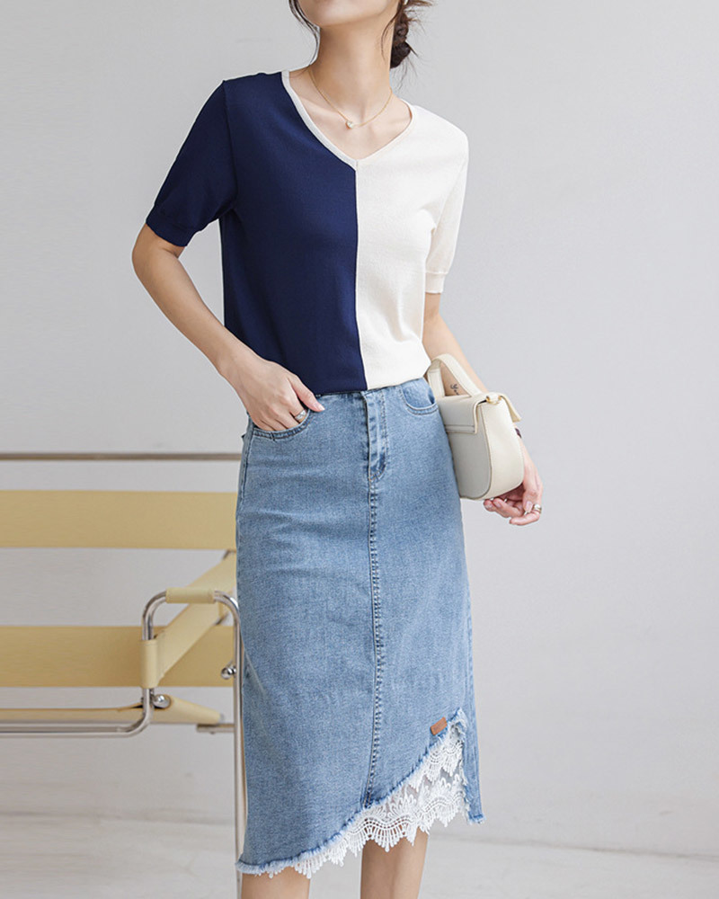 DEER.W V領撞色冰絲針織上衣 藍杏