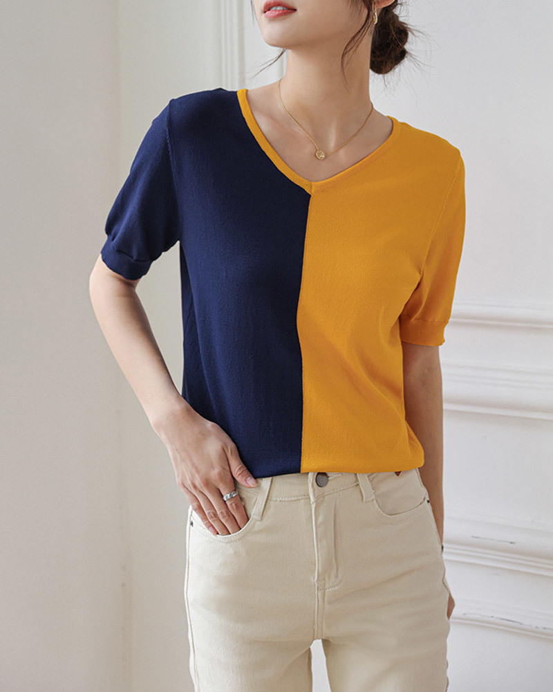 DEER.W V領撞色冰絲針織上衣 黃藍