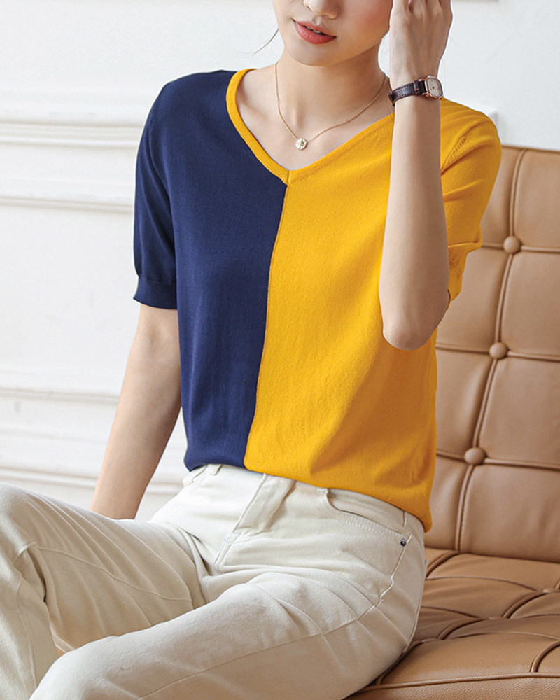 DEER.W V領撞色冰絲針織上衣 黃藍