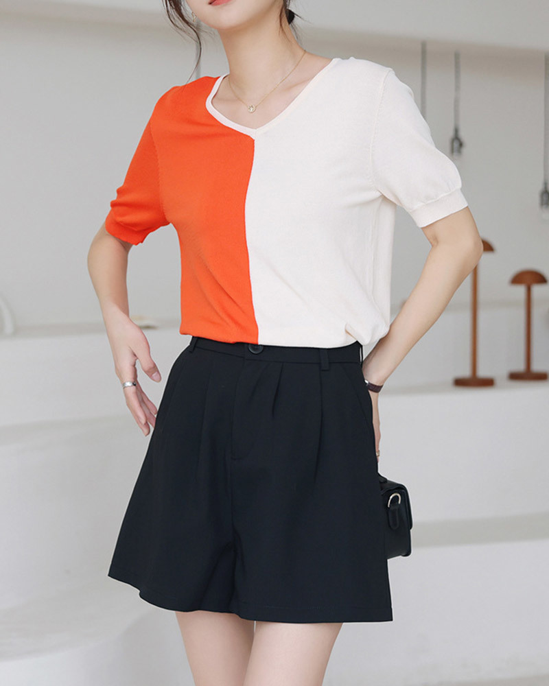 DEER.W V領撞色冰絲針織上衣 橘杏