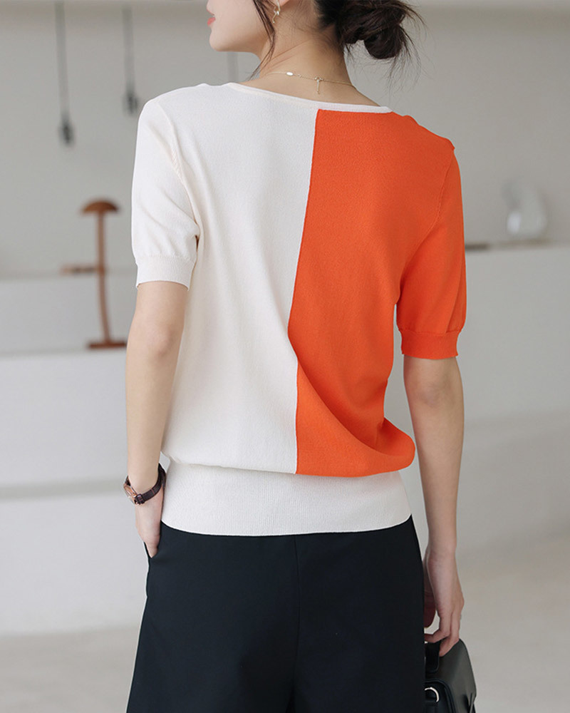 DEER.W V領撞色冰絲針織上衣 橘杏