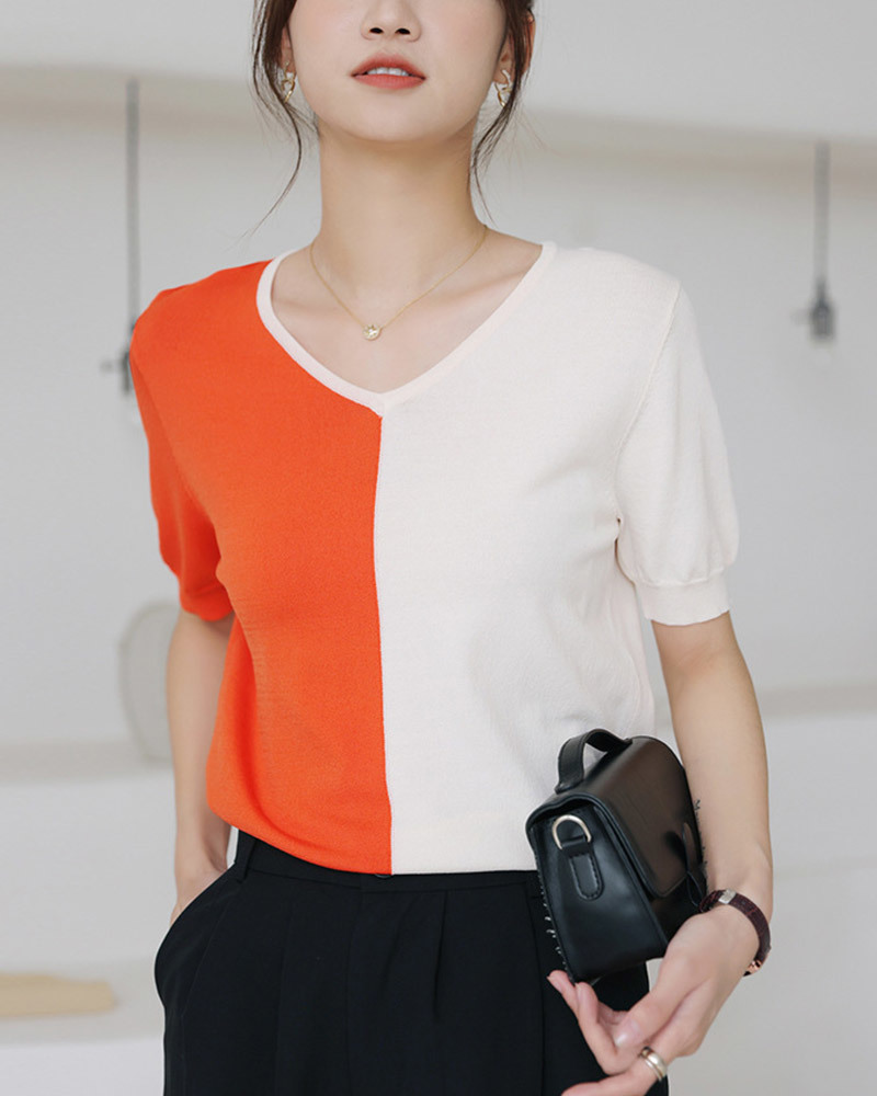 DEER.W V領撞色冰絲針織上衣 橘杏