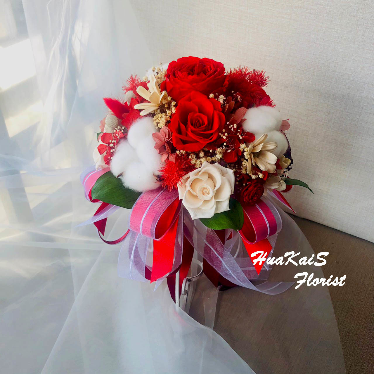 新娘捧花|永生花捧花| 大紅色系捧花|紅色控|經典圓形捧花