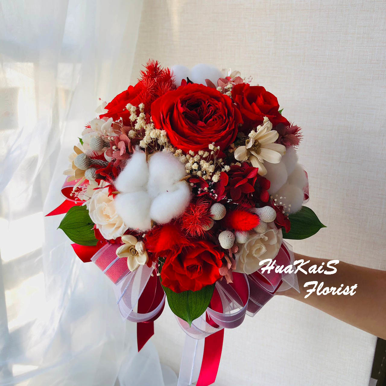 新娘捧花|永生花捧花| 大紅色系捧花|紅色控|經典圓形捧花