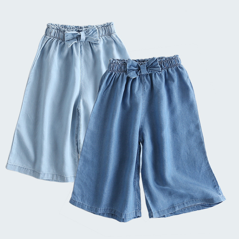 少量現貨 天絲牛仔蝴蝶結七分寬褲 2色