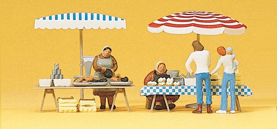Preiser 10052 HO scale, Market tables with umbrellas and goods