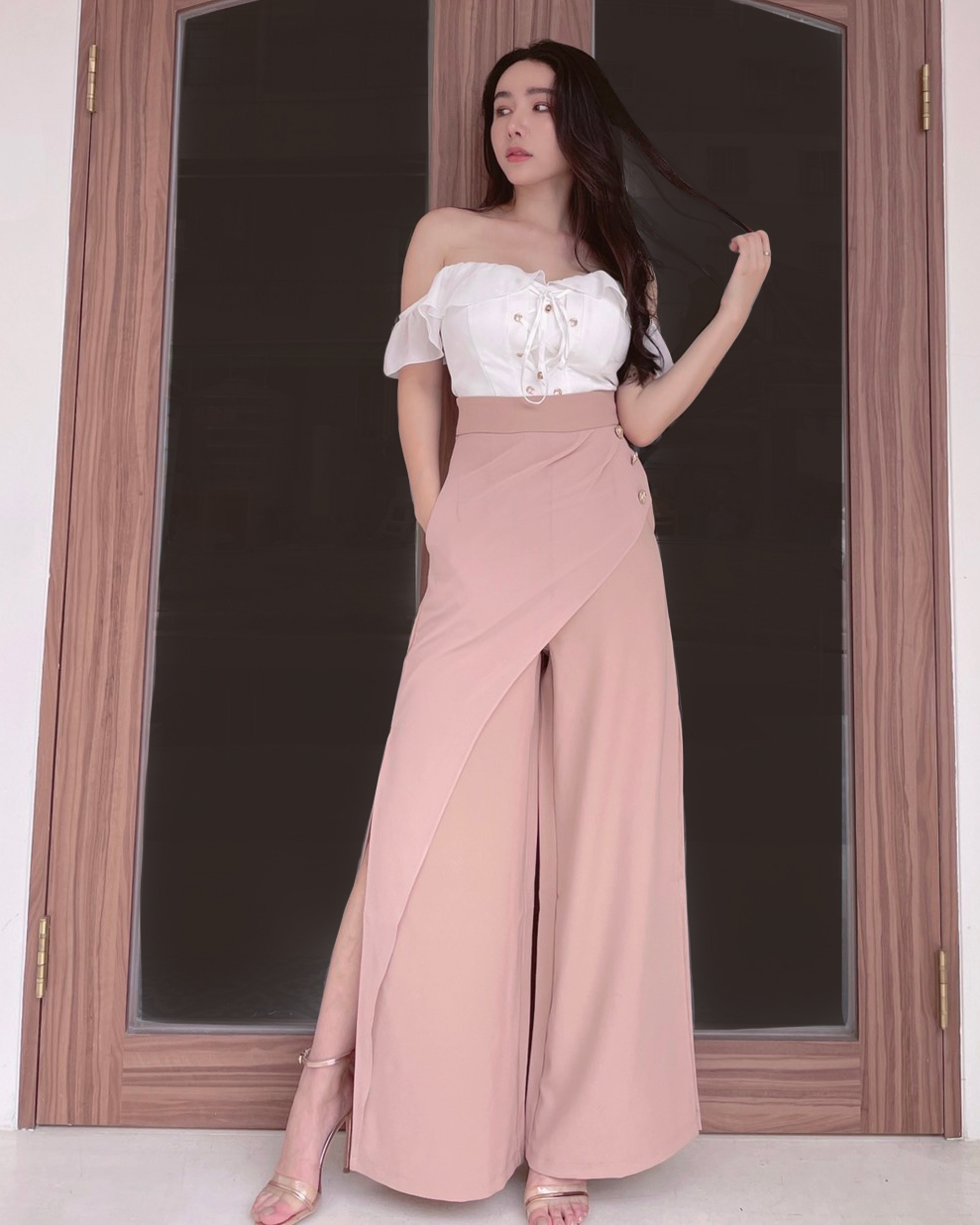 訂製-高腰飄逸雪紡金釦開衩褲（4色）