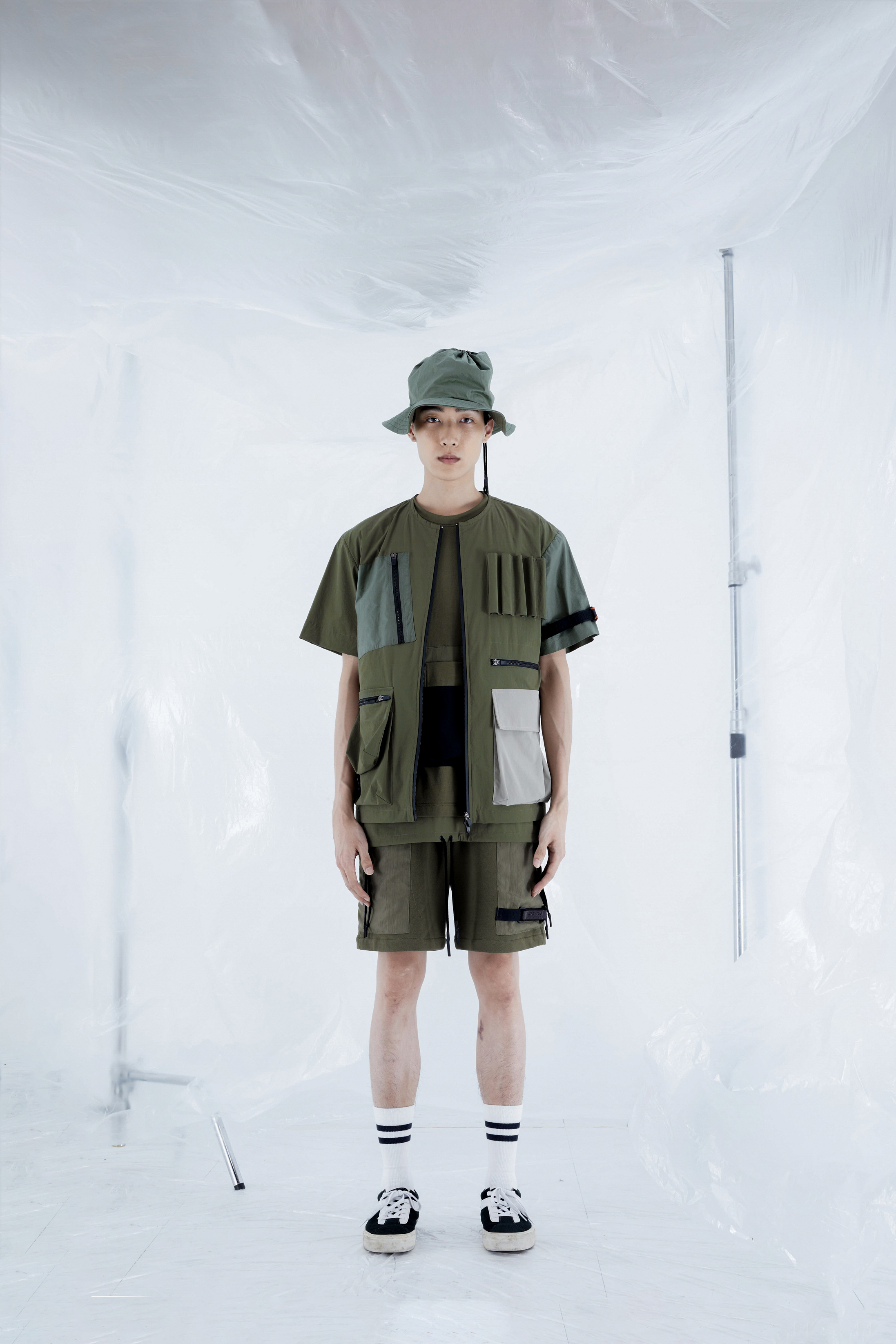 抽繩棉短褲 - 軍綠