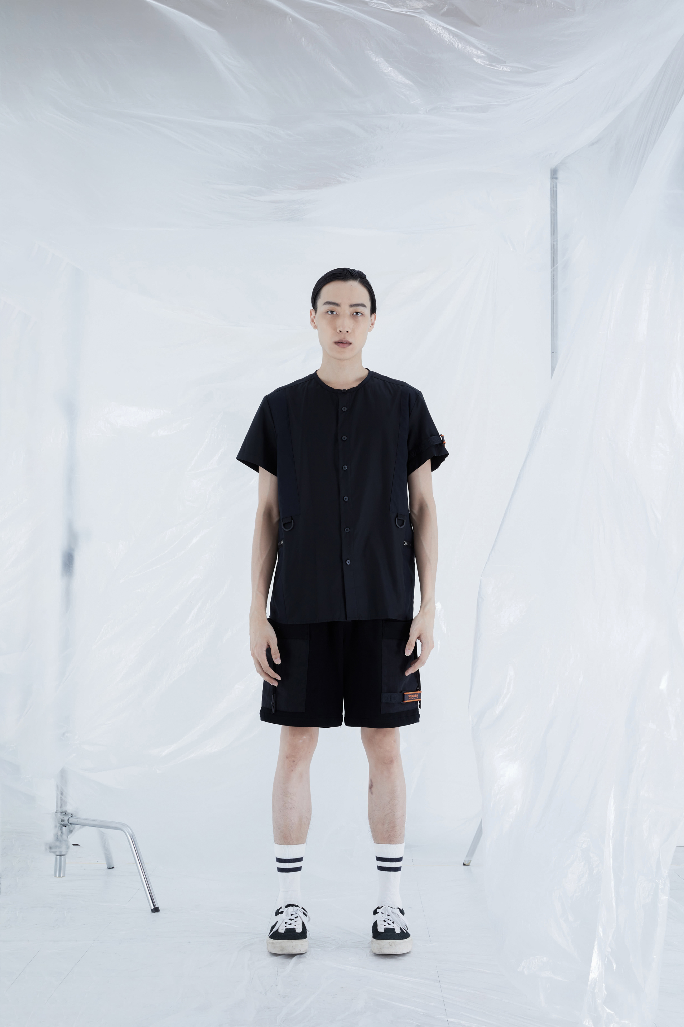 抽繩棉短褲 - 黑