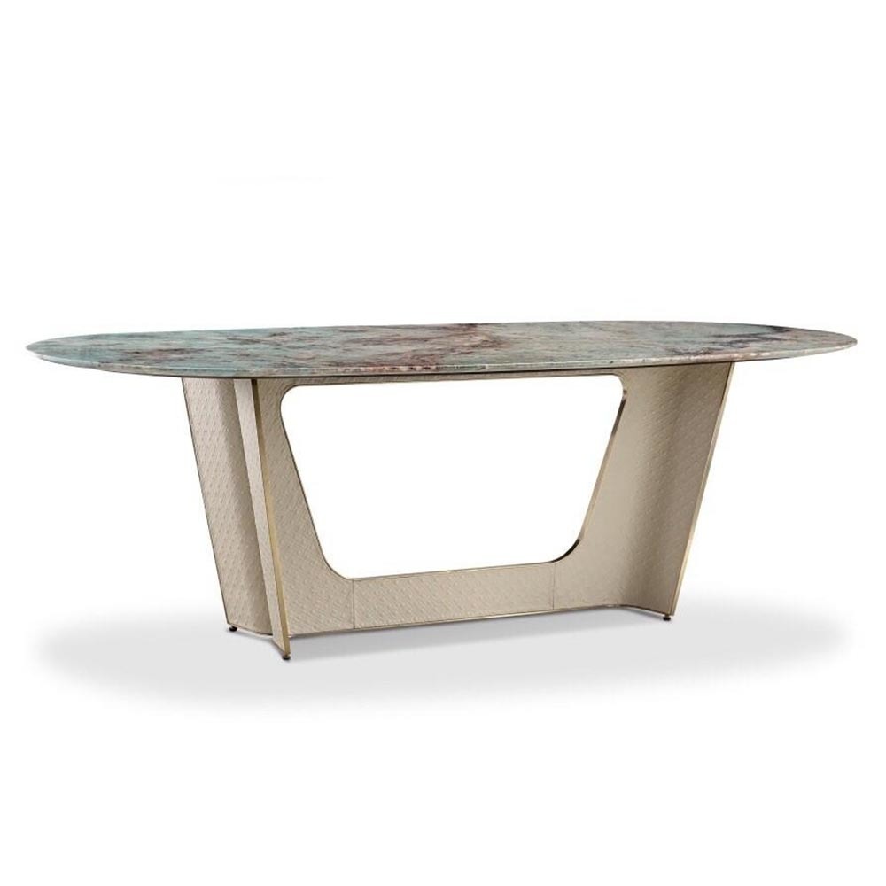 1224 亞馬遜綠橢圓餐桌︱不銹鋼香檳金