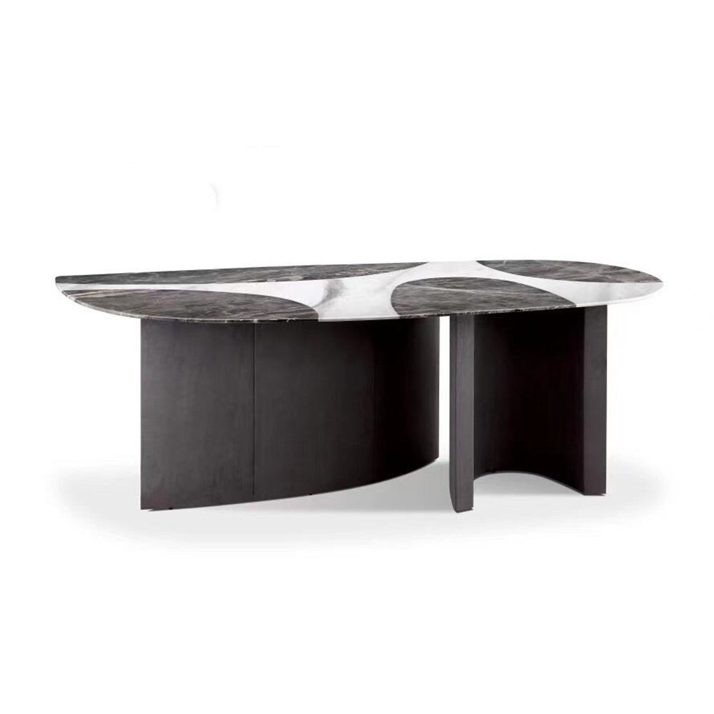 1225 愛瑪仕灰爵士白拼花餐桌︱不銹鋼黑鈦