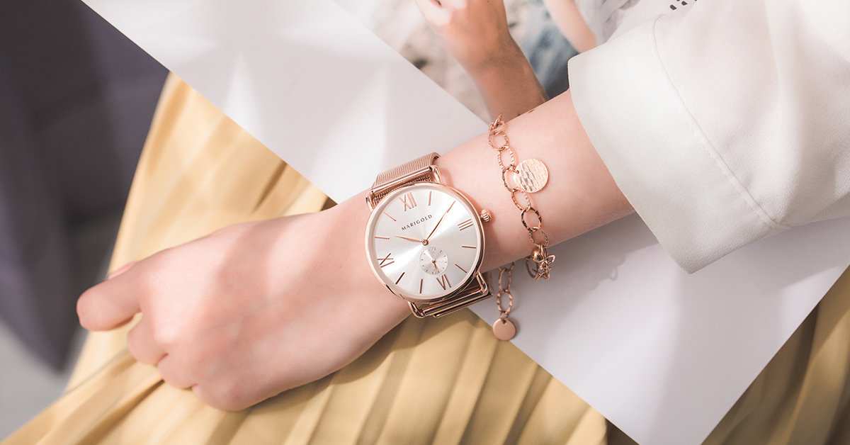 Heartbeat 手錶手鍊1+1禮盒-白面玫金框-米蘭玫金+月亮球形綴飾手鍊-玫瑰金