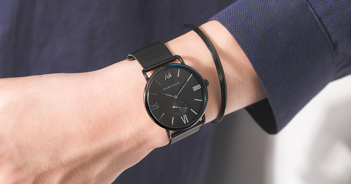 Heartbeat 手錶手鍊1+1禮盒-黑面黑框-米蘭黑+斜面C型環-黑