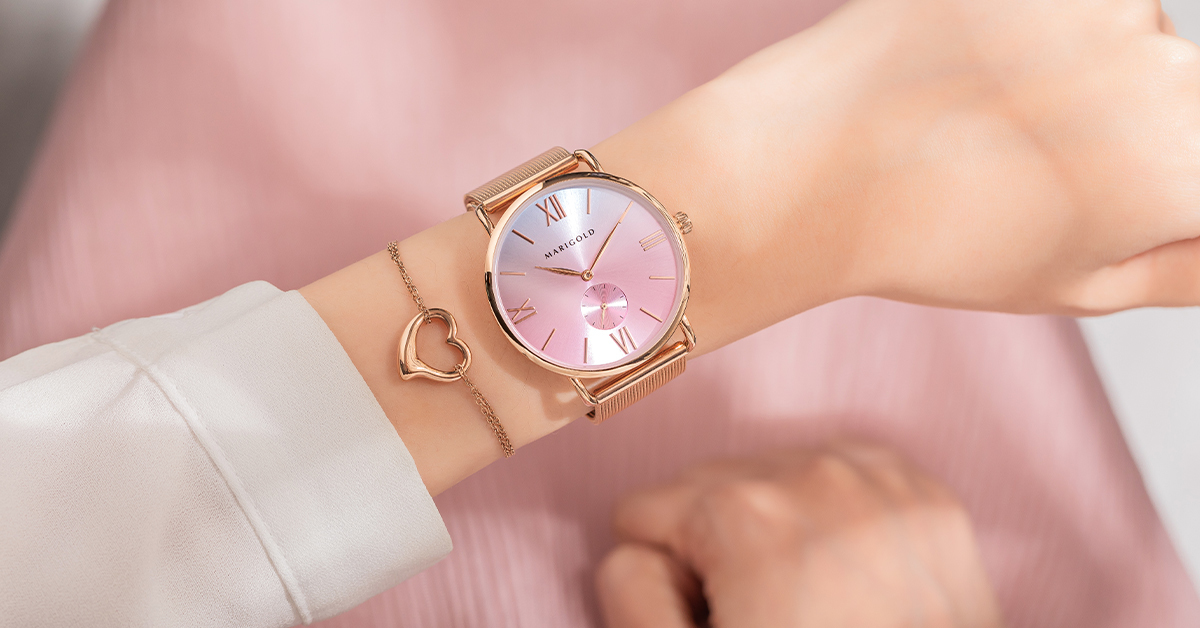 Heartbeat 手錶手鍊1+1禮盒-粉藍面玫金框-米蘭玫金+愛心雙層手鍊-玫瑰金