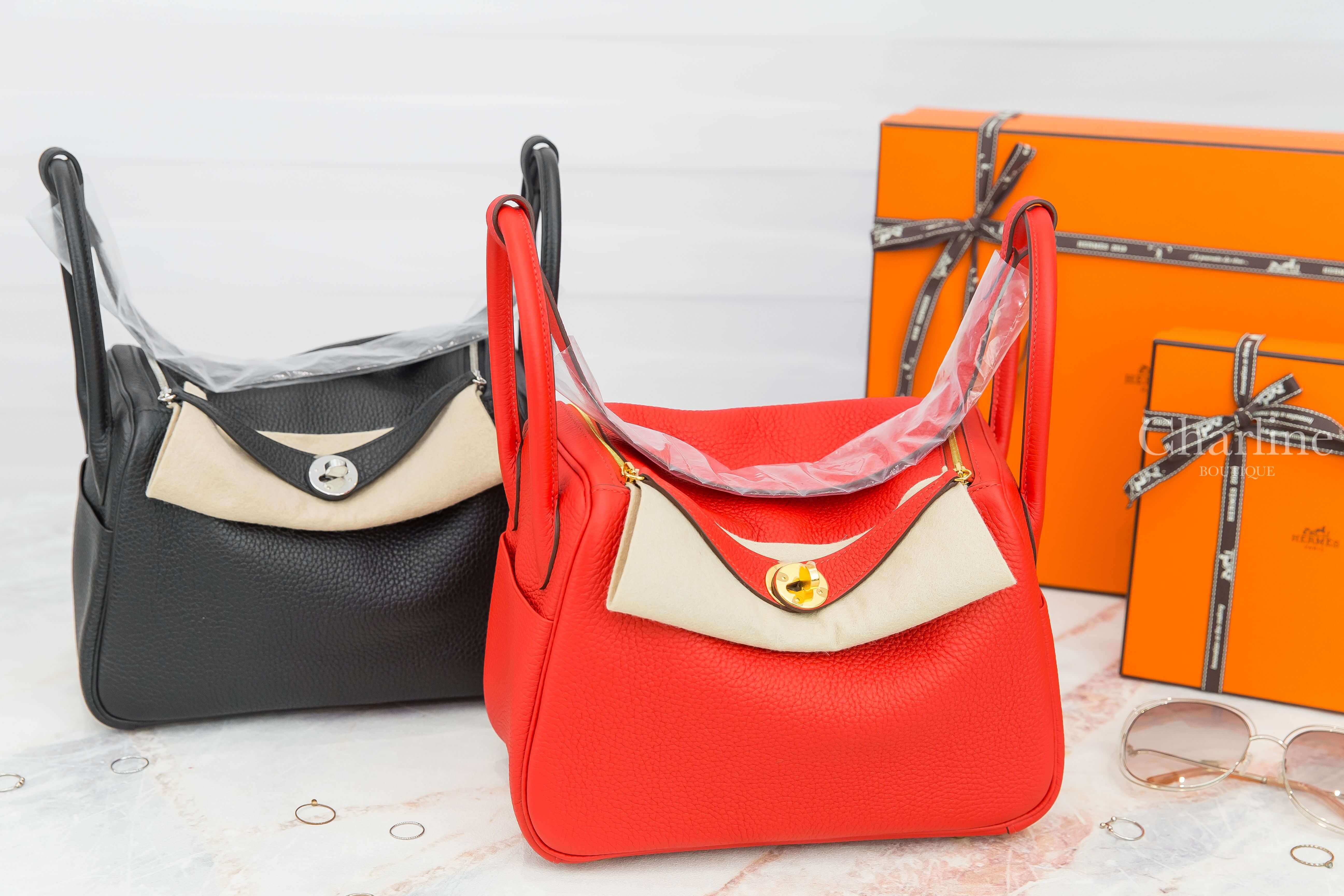 Hermès Lindy S5 Rouge Tomate Taurillon Clemence 蕃茄紅金釦,Hermès Lindy 89 Noir Taurillon Clemence 黑色銀釦-Charline Boutique 精品代購