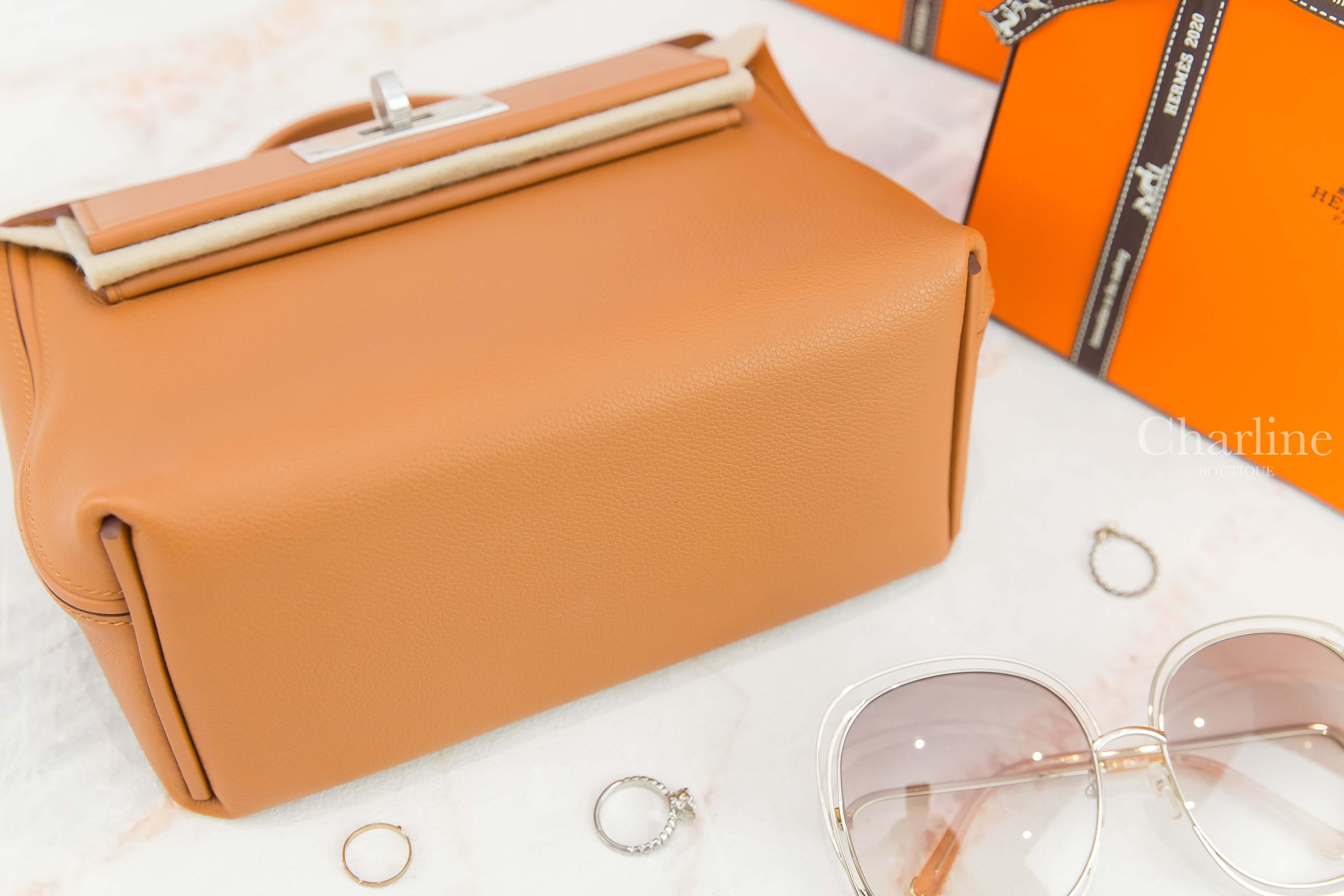 Hermès Mini Kelly 24/24 21 37 Gold Evercolor Z刻焦糖色銀釦手提肩背包-Charline Boutique 精品代購