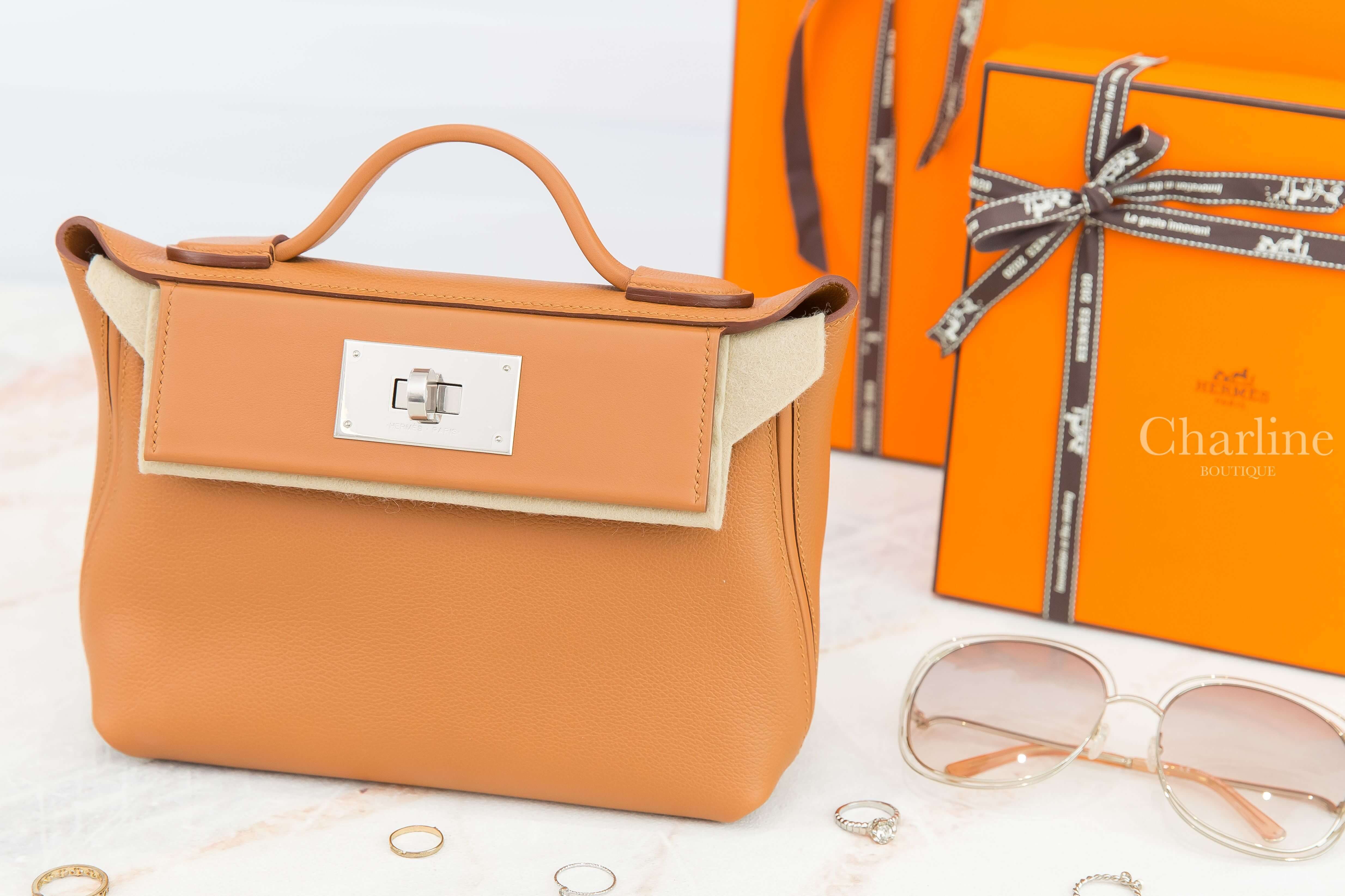 Hermès Mini Kelly 24/24 21 37 Gold Evercolor Z刻焦糖色銀釦手提肩背包-Charline Boutique 精品代購
