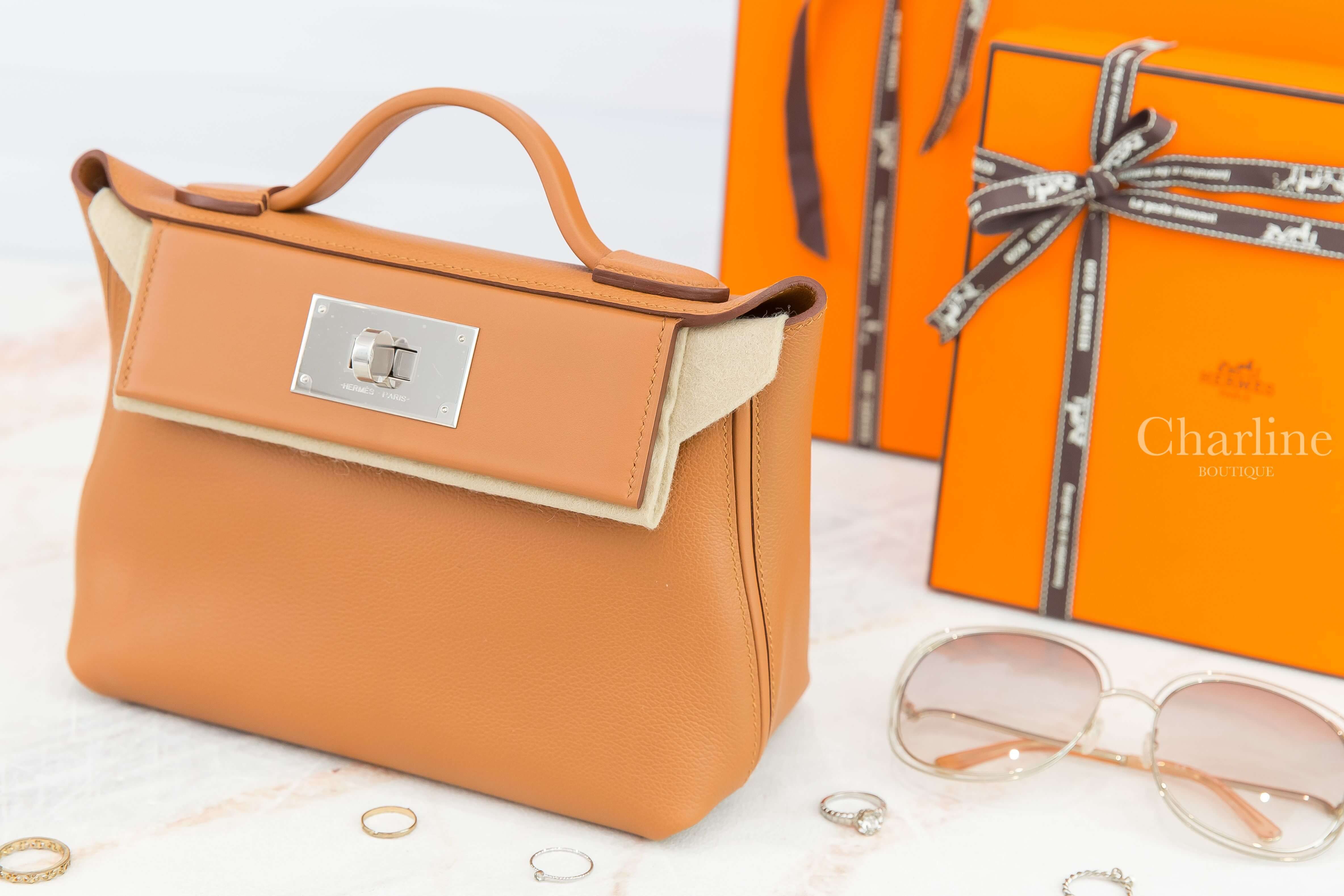 Hermès Mini Kelly 24/24 21 37 Gold Evercolor Z刻焦糖色銀釦手提肩背包-Charline Boutique 精品代購