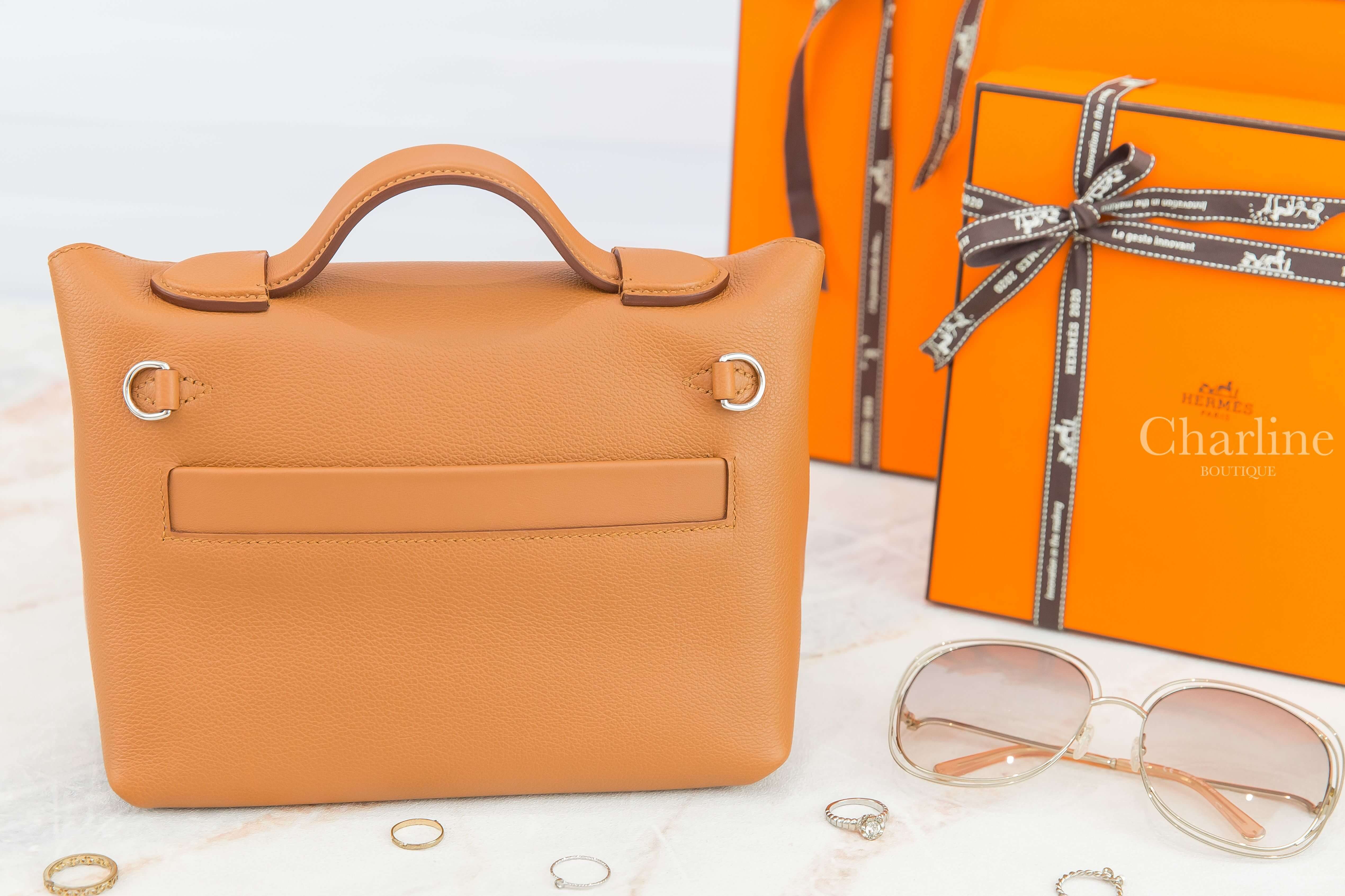 Hermès Mini Kelly 24/24 21 37 Gold Evercolor Z刻焦糖色銀釦手提肩背包-Charline Boutique 精品代購