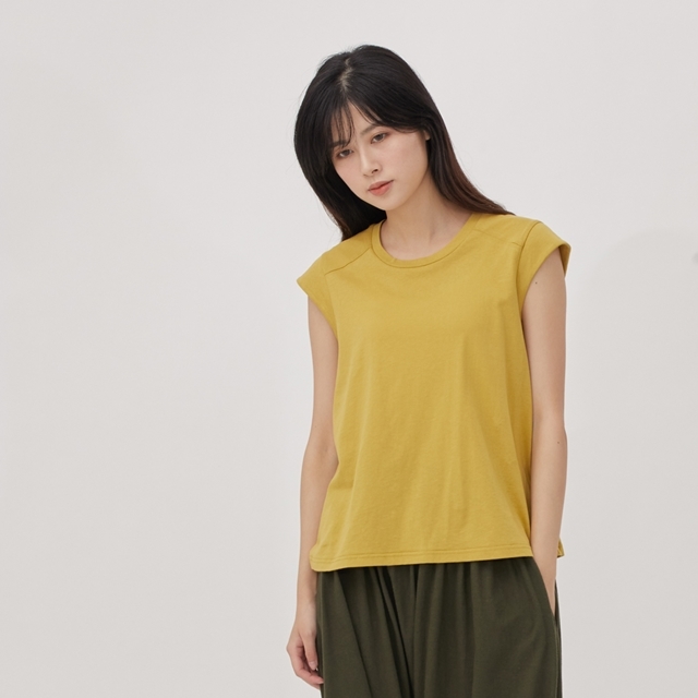 高撚棉迷你袖肩剪接上衣/芥黃