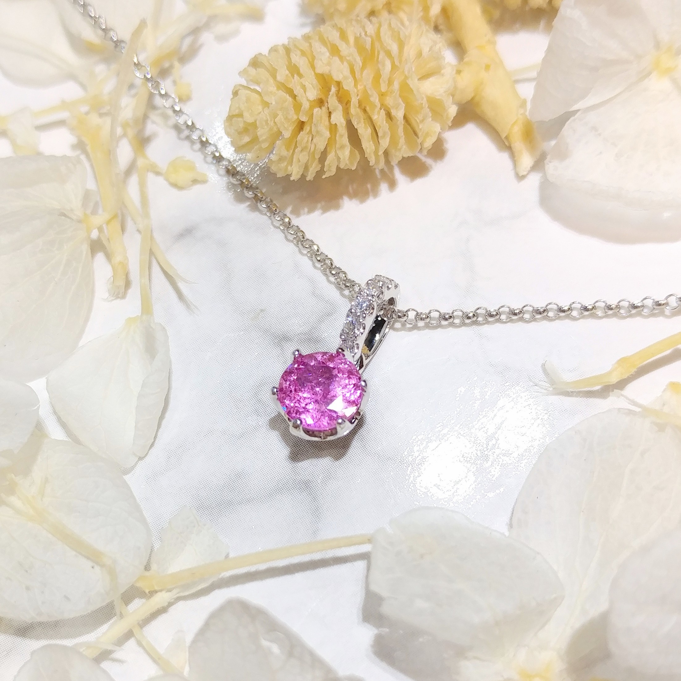 18K White Gold 0.71ct Pink Sapphire and Diamond Pendant
