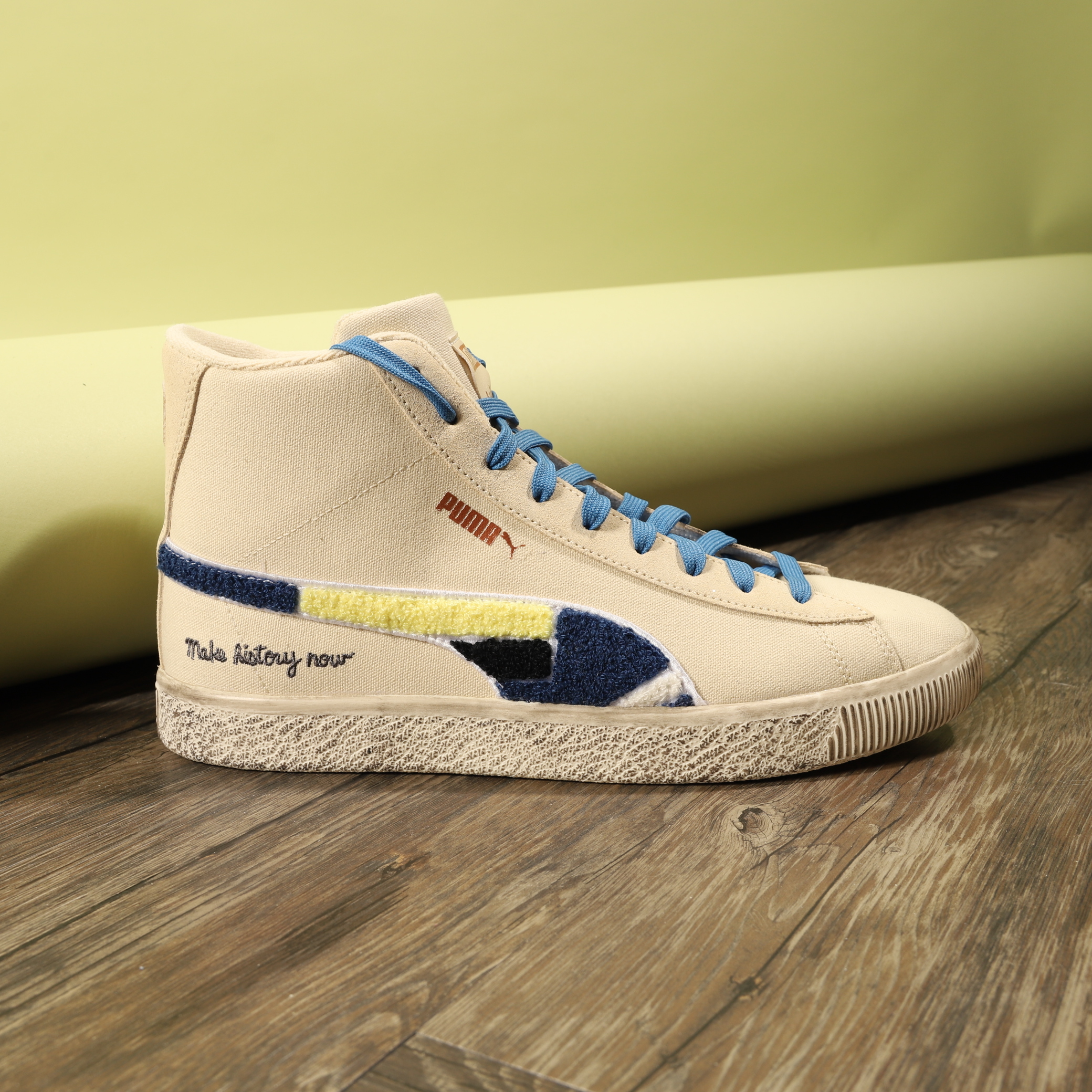 全新 US11/29CM PUMA X BLACK FIVES CLYDE MID 卡其色 立體毛絨 刺繡 作舊 仿舊 聯名 高筒 休閒鞋【381956-01】