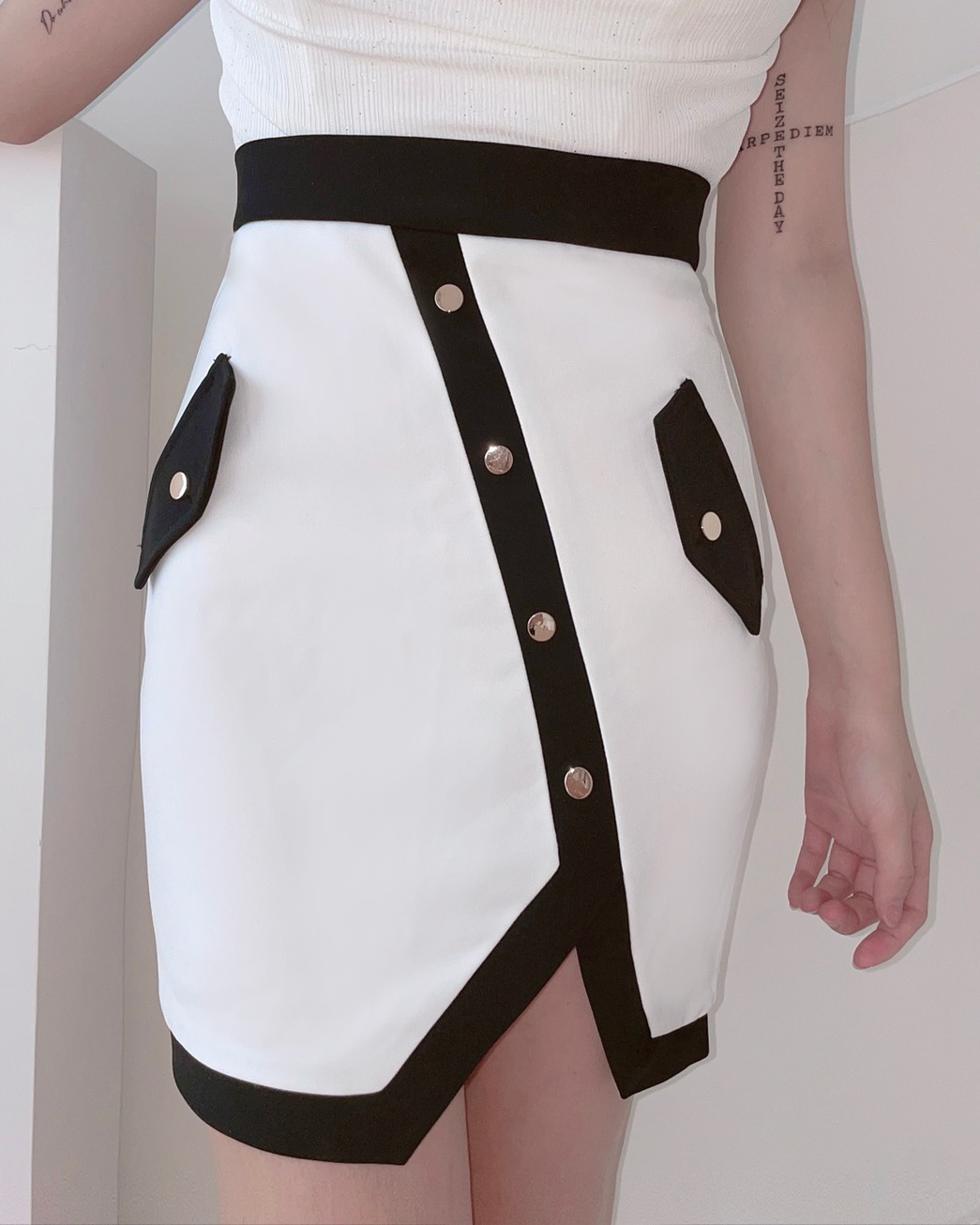 ⭒訂製-小香風撞色口袋開衩短裙