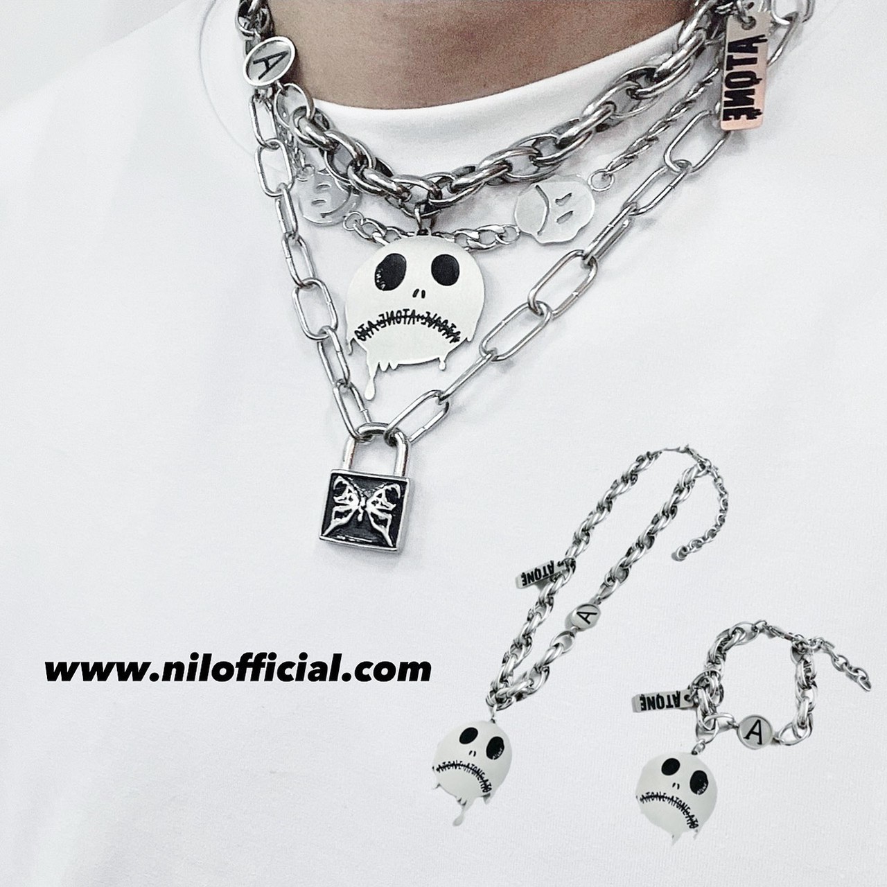 ATONE STUDIO new Grimace Skull Smiley Face Irregular Stitching Titanium Steel Iron Necklace & Bracelet
