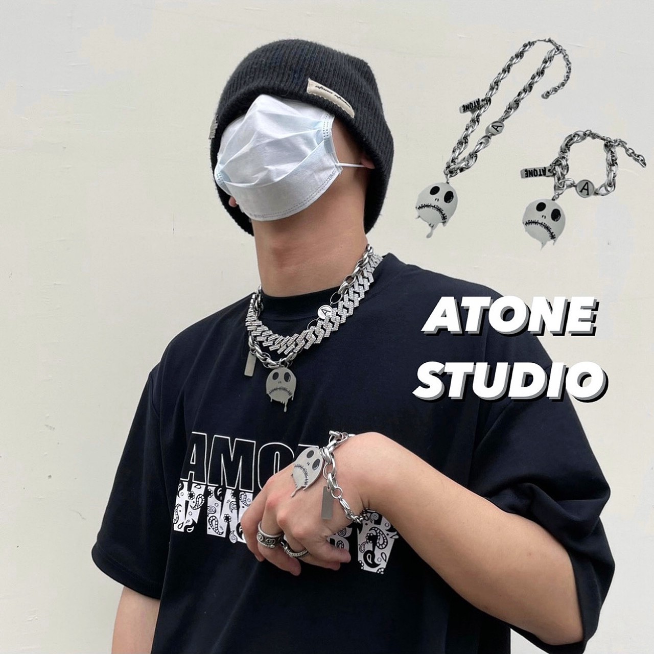 ATONE STUDIO new Grimace Skull Smiley Face Irregular Stitching Titanium Steel Iron Necklace & Bracelet