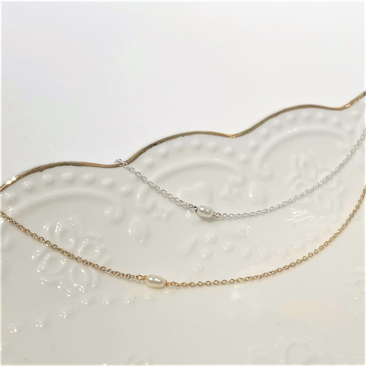 │輕珠寶│米型小珍珠 • 單顆款 • 鎖骨鍊 • 純銀 • 美國14k注金 • 14KGF