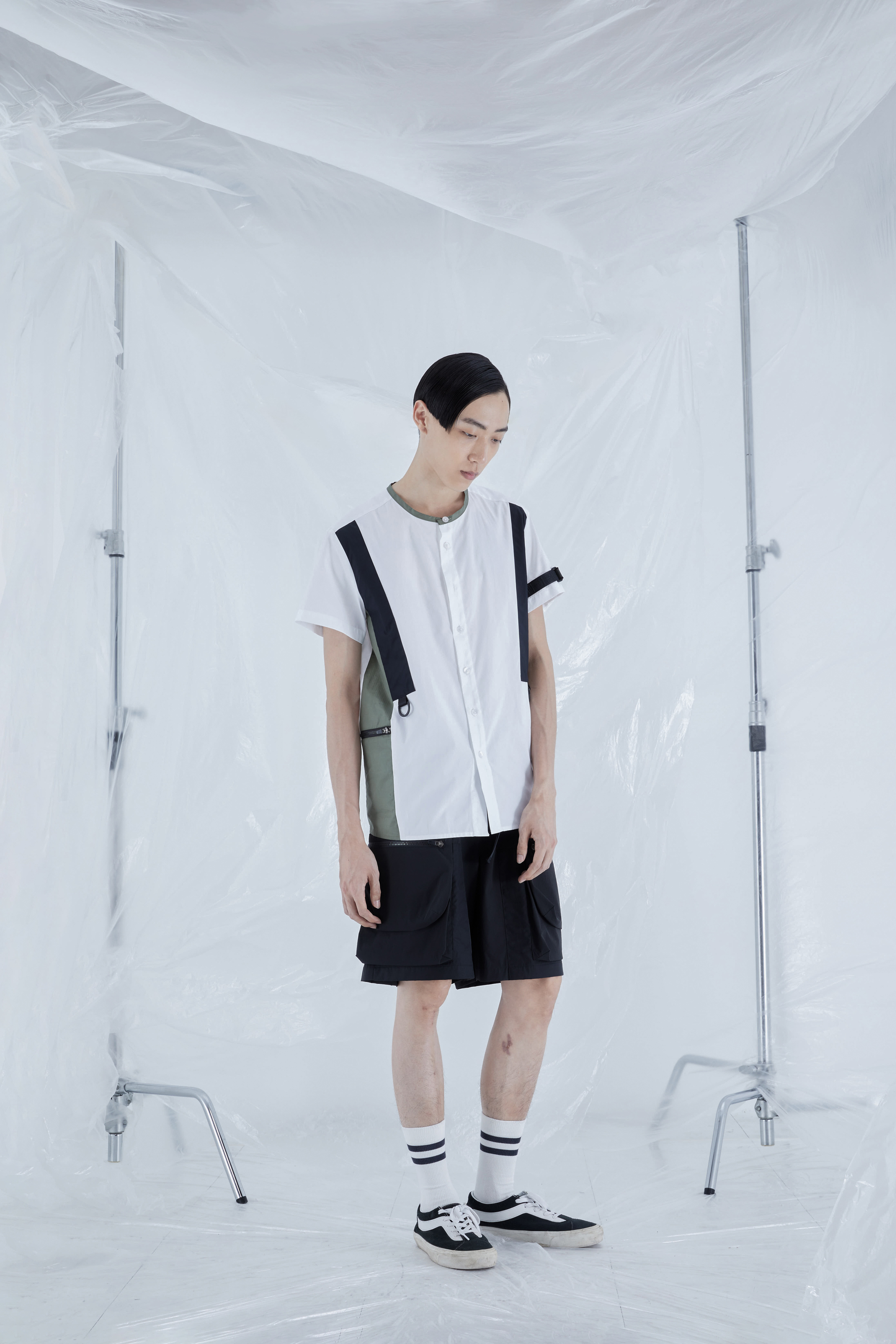 斜剪接短袖襯衫 - 白