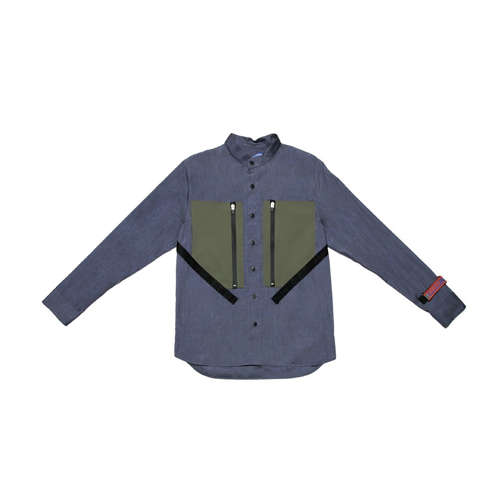 立領雙口袋長袖襯衫 - 灰藍