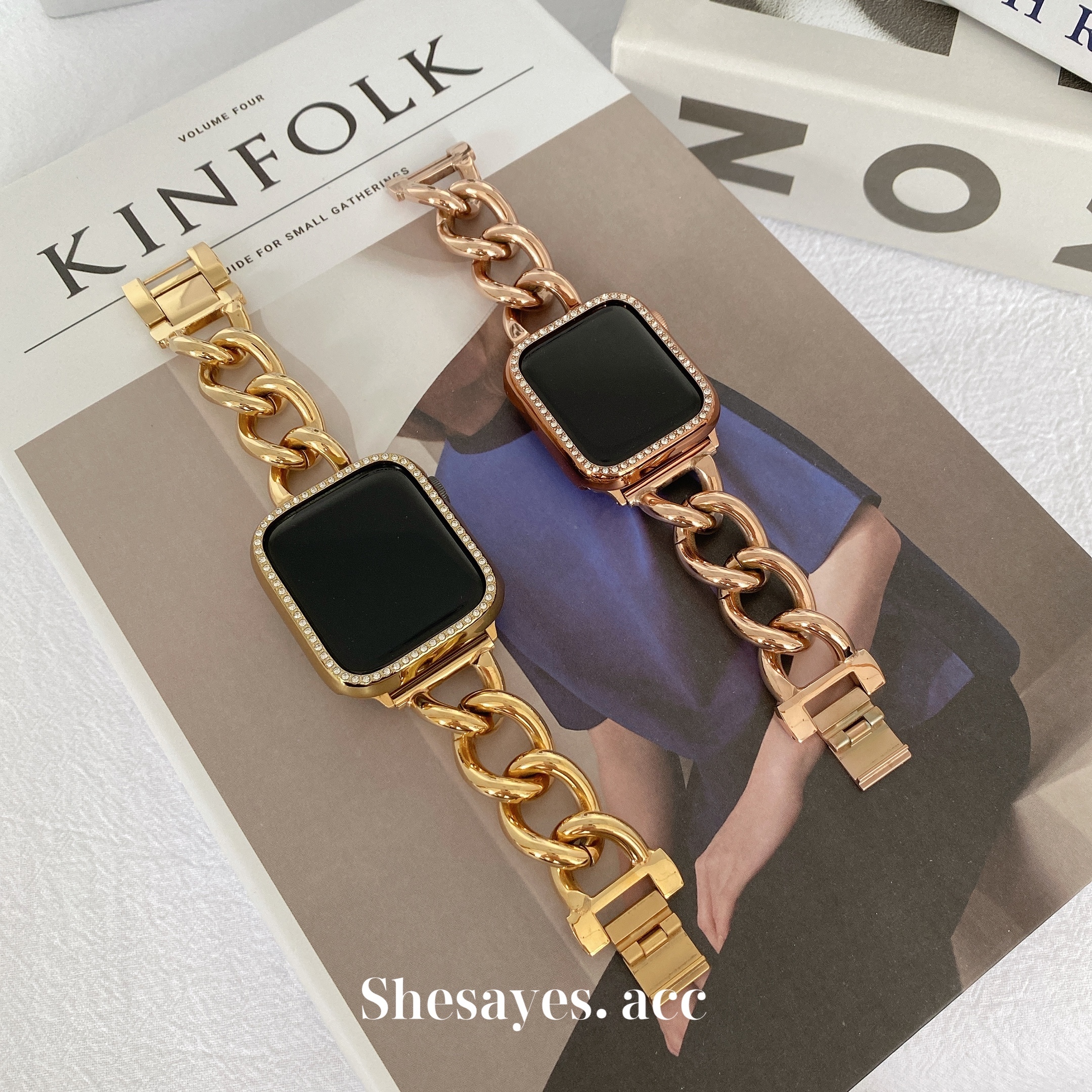 APPLE WATCH不鏽鋼個性粗鍊錶帶[金色/玫瑰金]