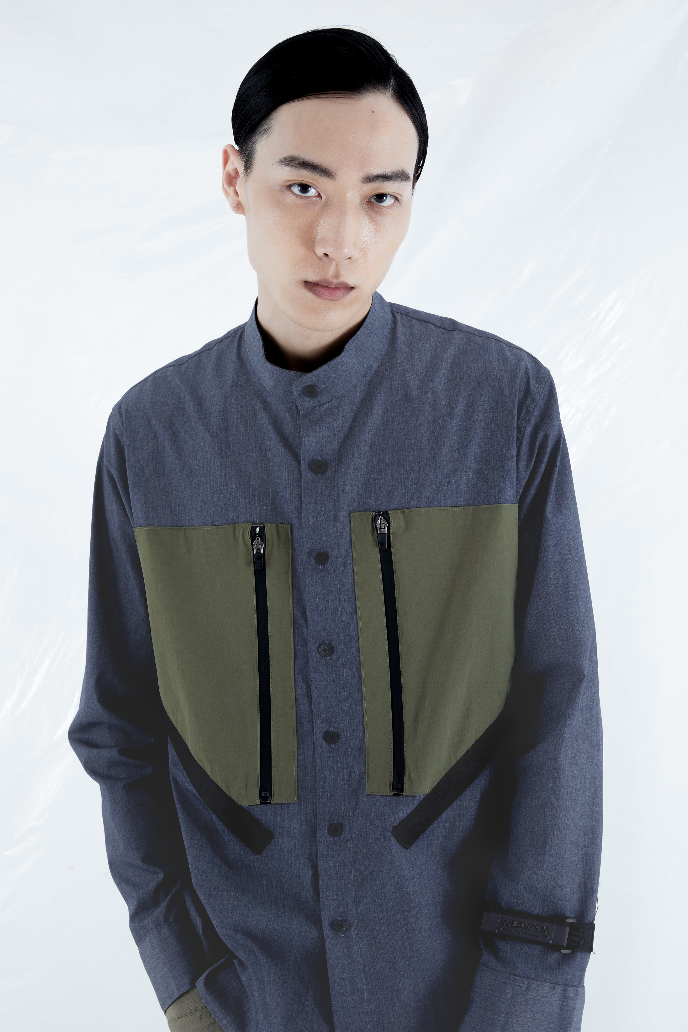 立領雙口袋長袖襯衫 - 灰藍