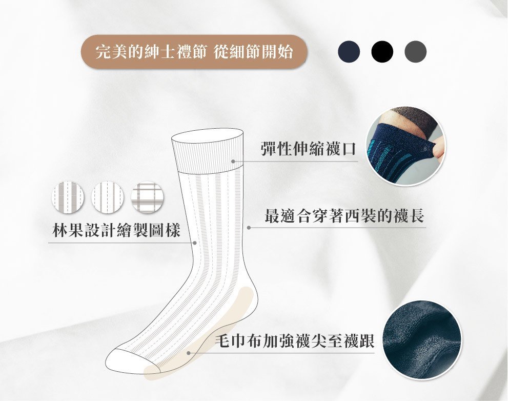 四大細節：彈性襪口、毛巾布襪尖與襪跟、適合西裝的襪長、林果特製圖樣
