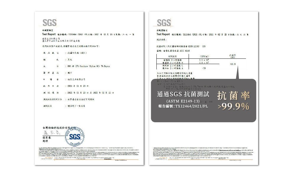 SGS 抗菌測試報告文件，抗菌率99.9%