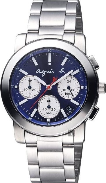 萬年鐘錶 - agnes b.  藍面三眼計時男錶  V654-KP30B / BT3029X1  錶徑40MM