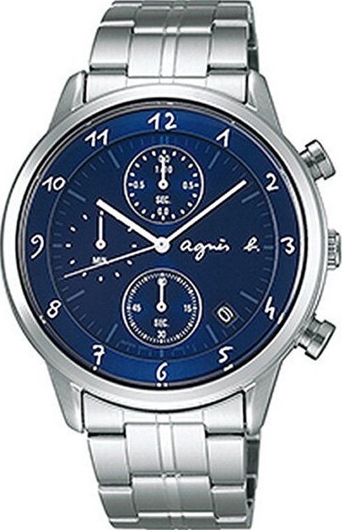 萬年鐘錶 - agnes b.  藍面三眼計時手繪數字男錶  VD57-00A0B / BM3006J1 錶徑42MM