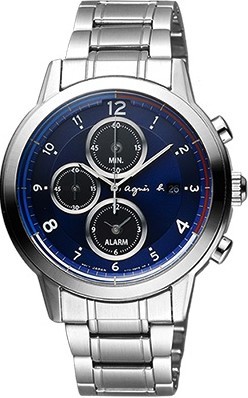 萬年鐘錶 - agnes b.  藍面三眼計時男錶  V172-0AX0B / BY6002P1 錶徑42MM