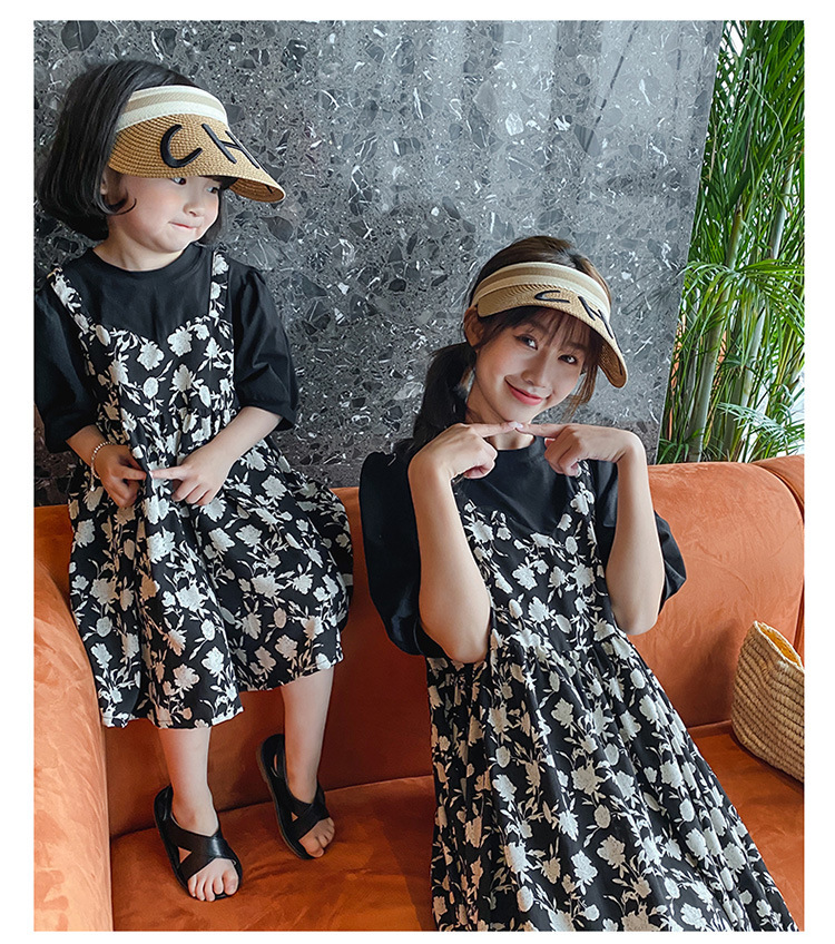 親子款 假兩件碎花洋裝 黑色