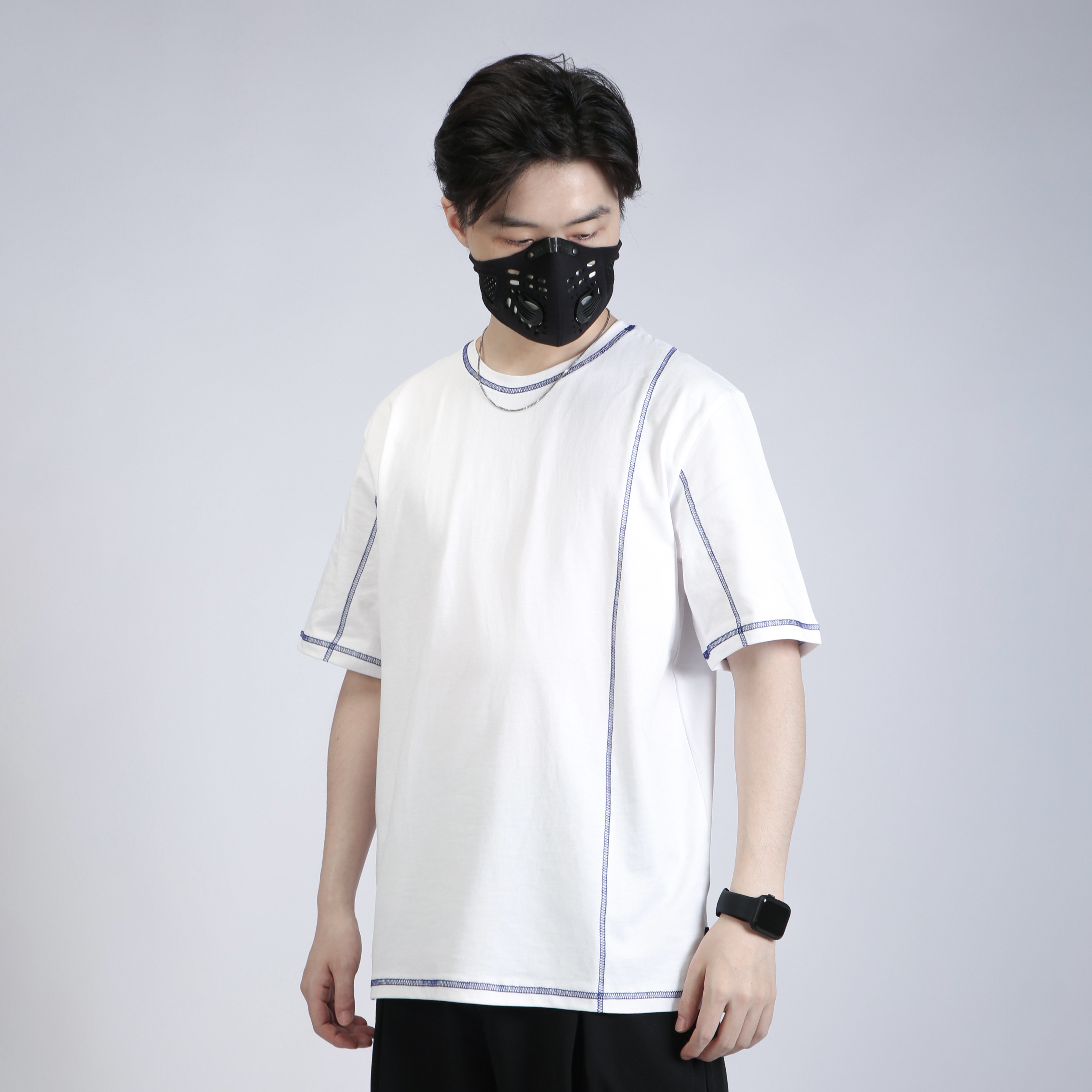 SILENSTORM白色落肩明線拼接短袖