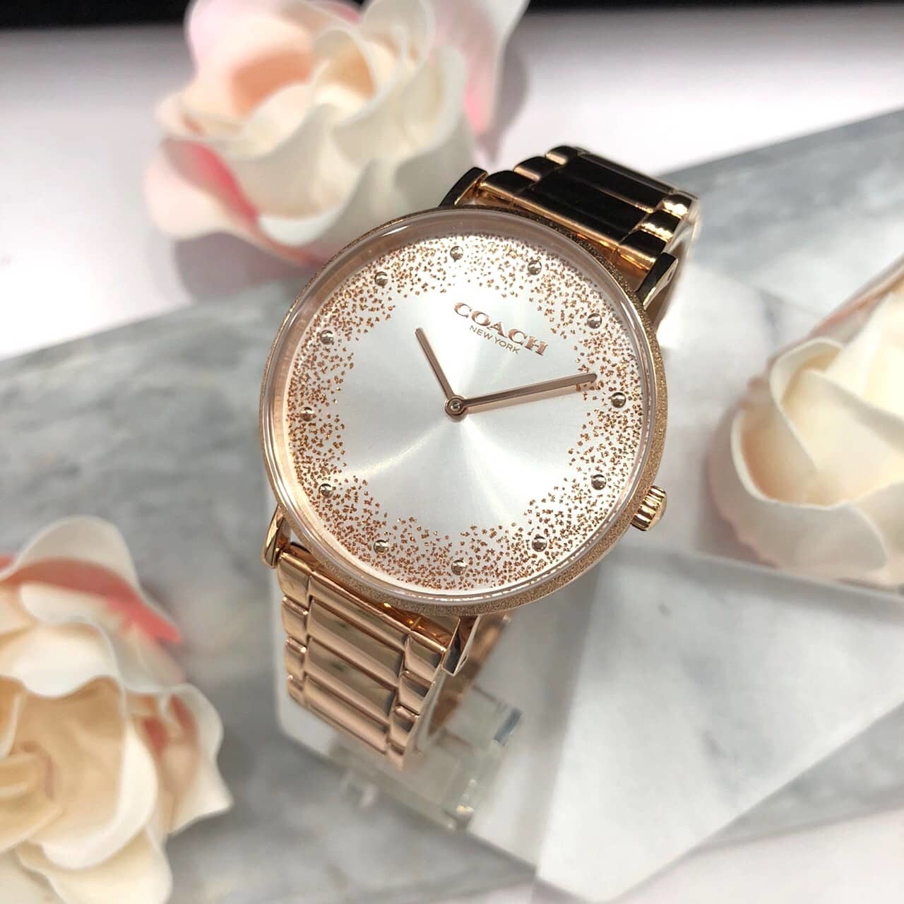 【COACH】圓白面亮片玫金鍊帶女錶  CO14503634 36mm 現代鐘錶