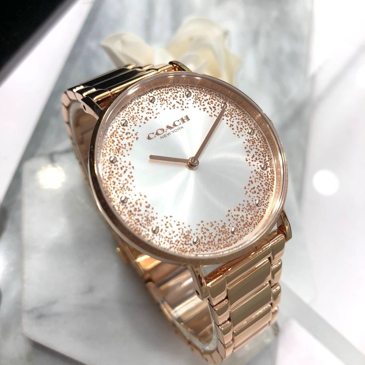 【COACH】圓白面亮片玫金鍊帶女錶  CO14503634 36mm 現代鐘錶