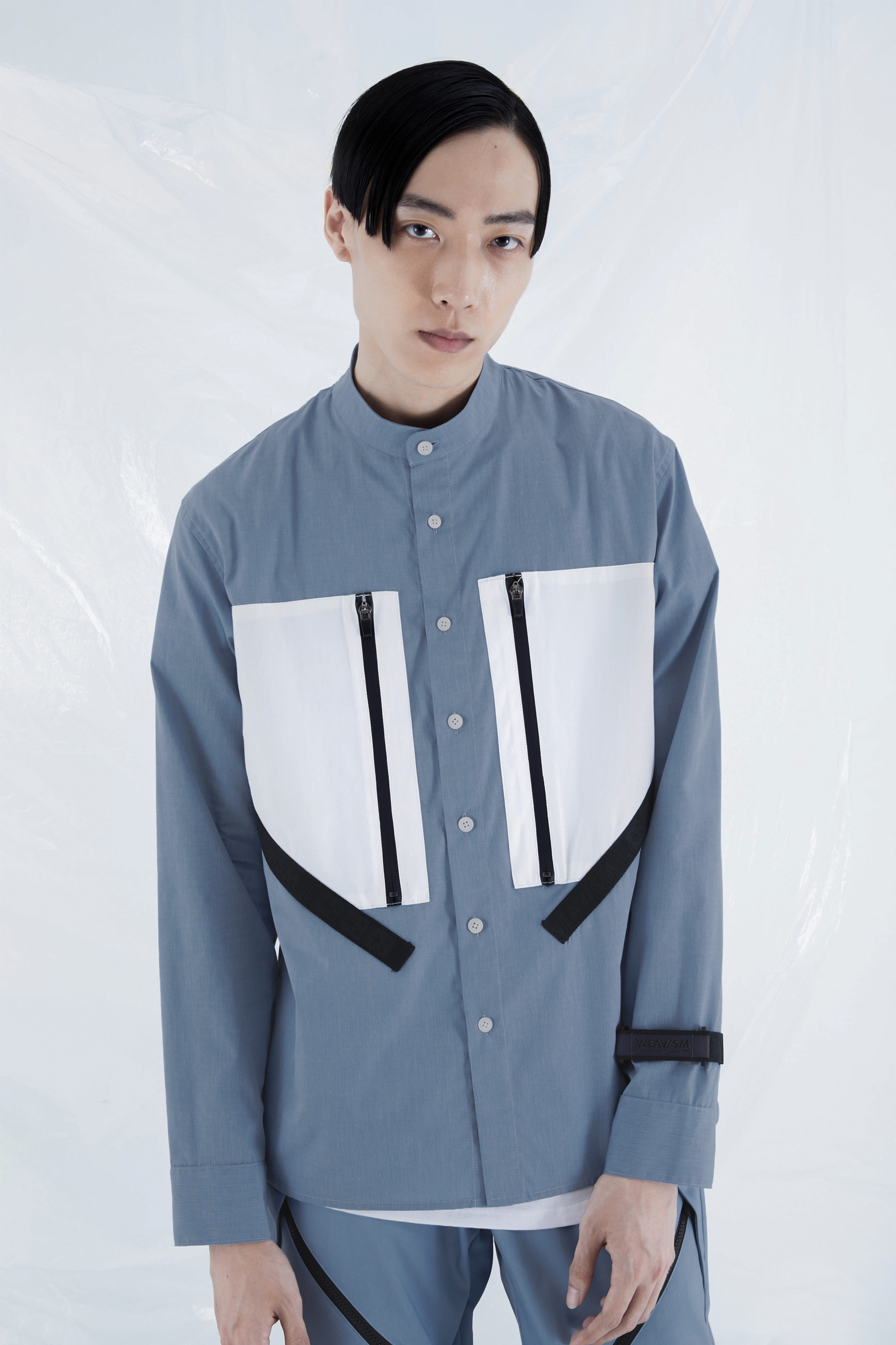 立領雙口袋長袖襯衫-藍